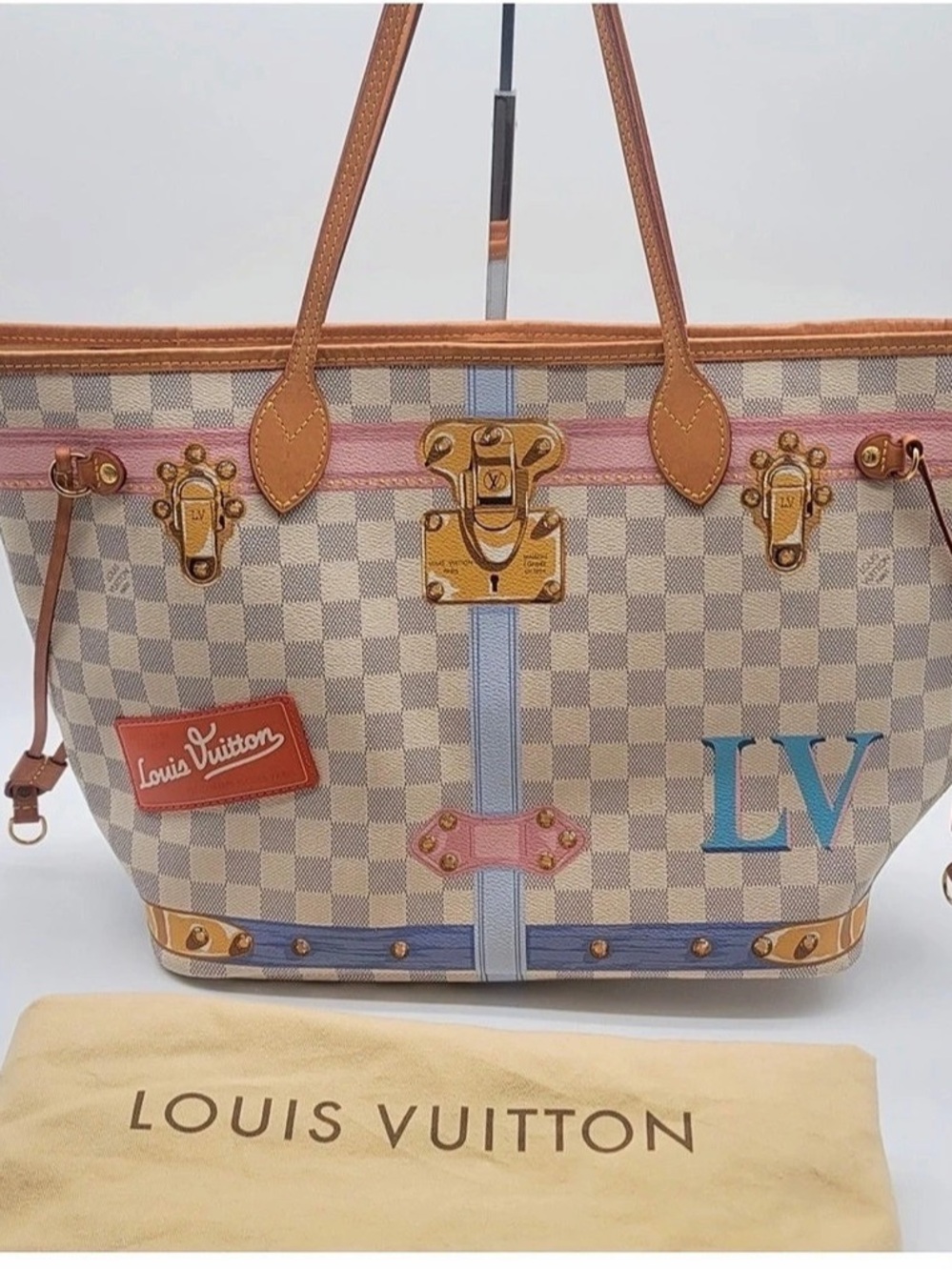 Louis Vuitton Neverfull MM Summer Trunks Damier Azur Summer Trunks Tote Blue &